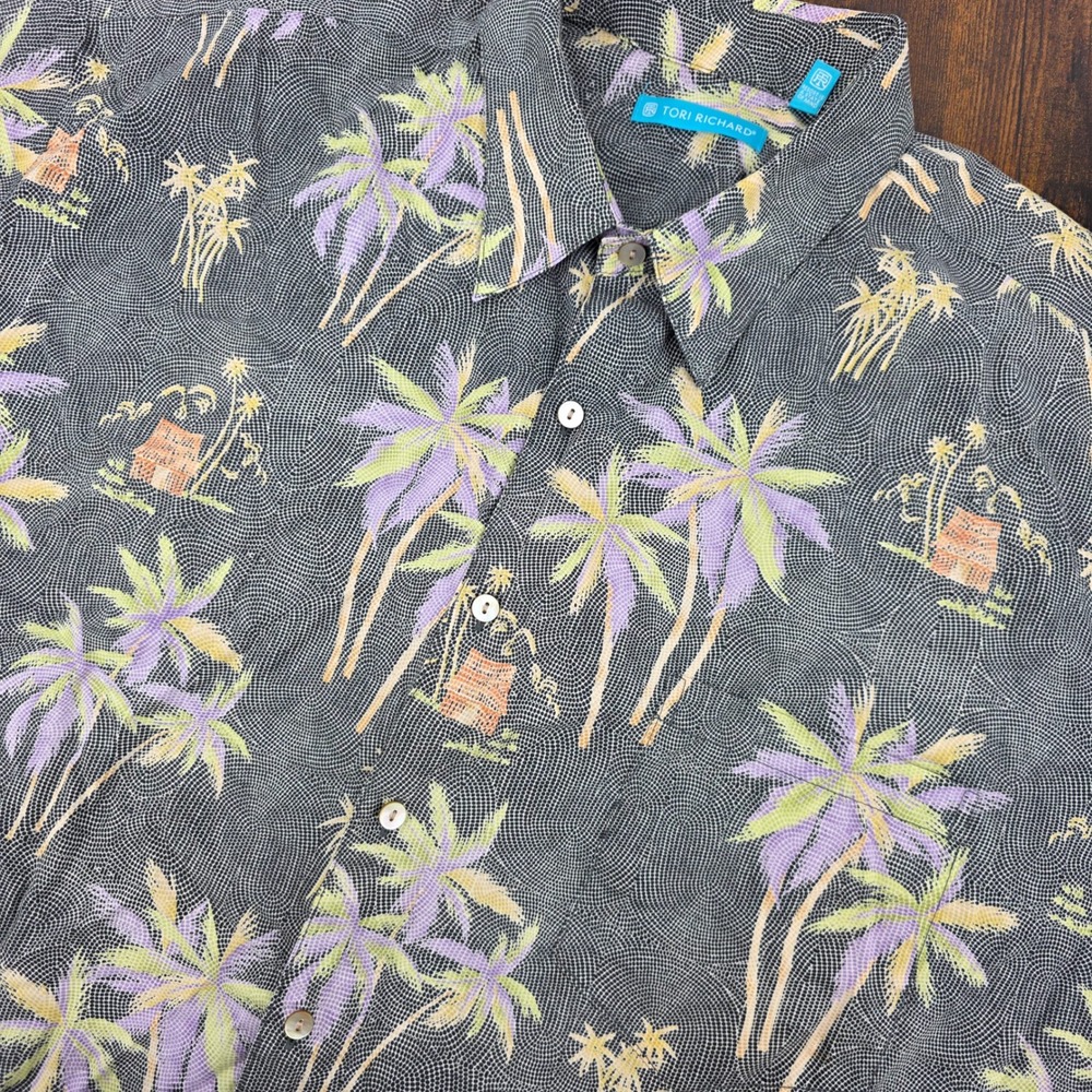 Tori Richard Palm Tree Aloha Shirt 2XL Black Purple Tropical Button Up Hawaii
